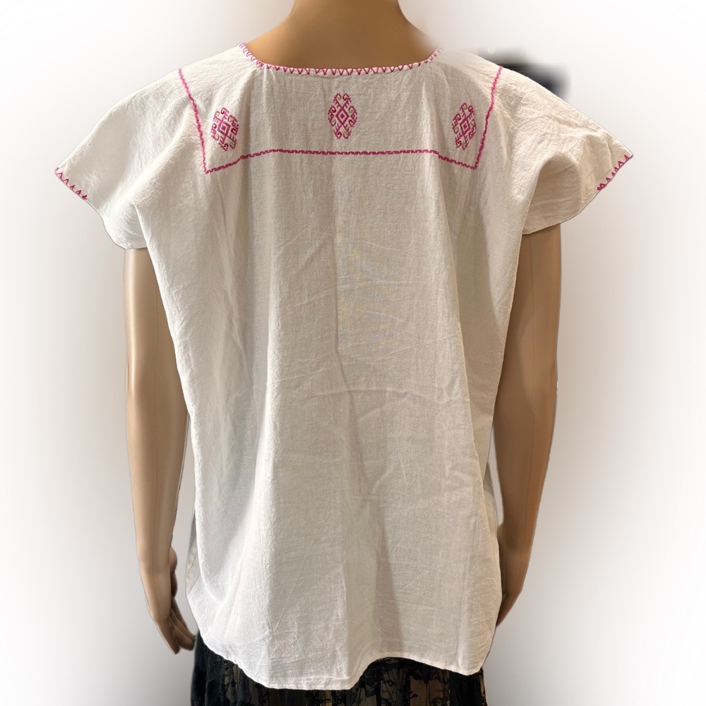 Cross stitched Embroidered White and Pink Women's Huipil tunic top artisan made - Picture 3 of 6